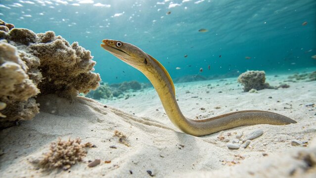 Pacific spaghetti eel emerging from the sandy seabed in a tropical underwater habitat