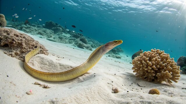 Pacific spaghetti eel emerging from the sandy seabed in a tropical underwater habitat