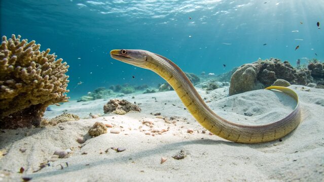 Pacific spaghetti eel emerging from the sandy seabed in a tropical underwater habitat