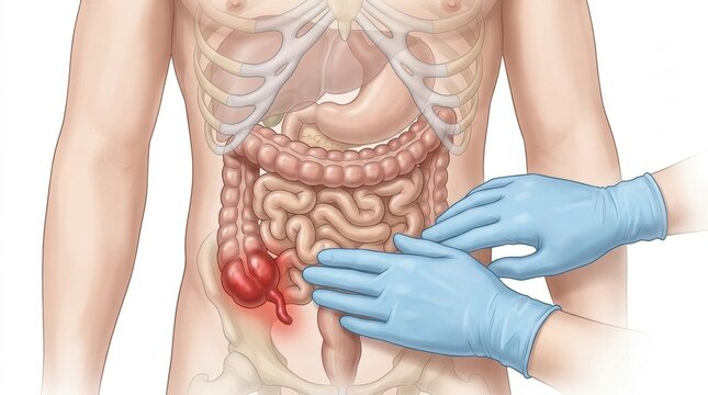 Medical illustration of an inguinal hernia being examined by gloved hands