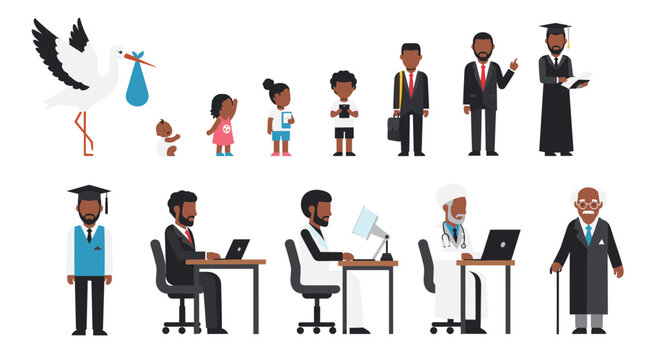 Illustration showing the different stages of a man life cycle from birth as a baby to adulthood and elderly age.