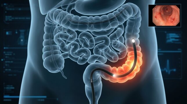 Medical illustration of colonoscopy procedure showing internal view of the large intestine