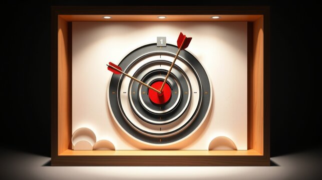 Target with arrows, illuminated frame. Focus on center, precision, success concept. Dark background enhances visual impact.