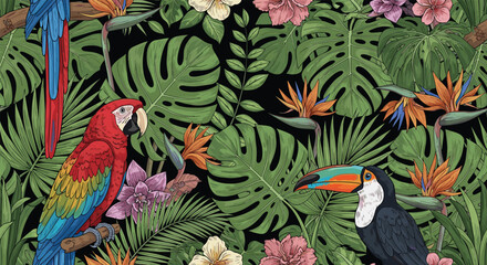 Obraz premium Vibrant seamless pattern featuring tropical macaws, toucans, exotic flowers, and lush green monstera leaves on a dark background.