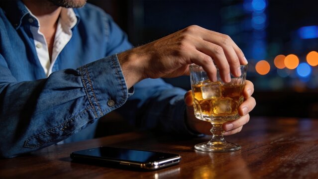 Man drinking whiskey alone at night, loneliness and sadness concept, holding glass with ice cubes, depression or stress relief, dark mood atmosphere, solitary lifestyle, emotional