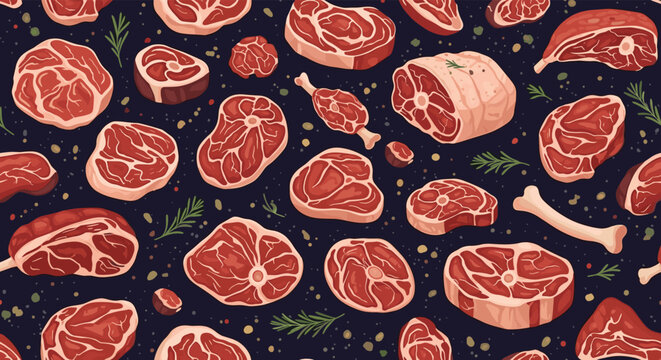 Seamless pattern of raw meat cuts like steak, chops, and brisket decorated with rosemary sprigs and peppercorns on a dark background for butchery.