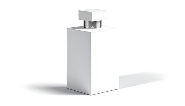 Clean, minimalist 3d render of a simple white rectangular bottle with a metallic silver cap on a white background, casting a soft shadow, suitable for cosmetic product presentation