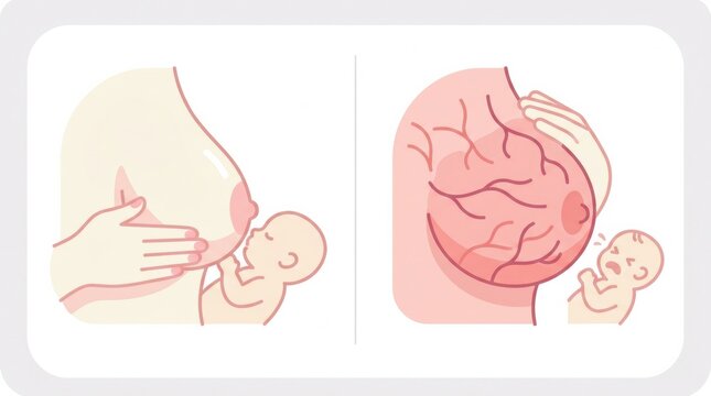 Icon set shows breast engorgement and breastfeeding. It illustrates the comparison between a baby feeding and swollen breast.