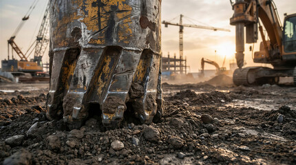 Fototapeta premium Excavator bucket close-up on construction site during sunset 