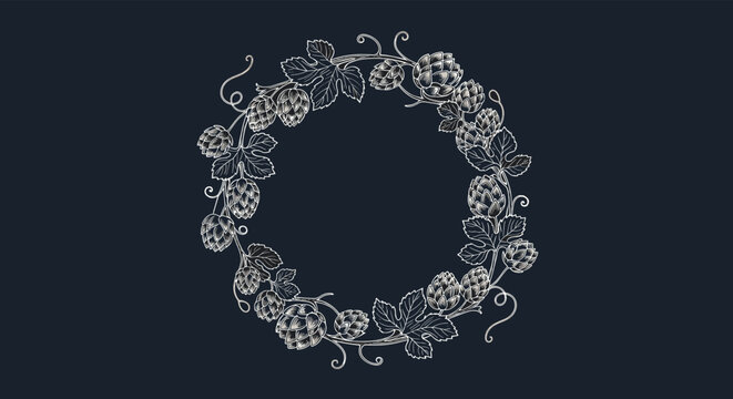 Hand drawn wreath frame of hop cones and leaves on a dark background creates a rustic vintage style border for brewery labels and craft beer.