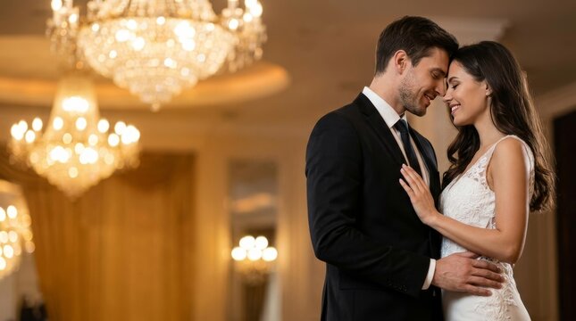 Romantic couple in restaurant. Beautiful Elegant Couple in Love Intimate Moment Touching Foreheads with Copy Space