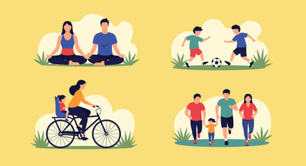 Fototapeta premium Collection of scenes showing people participating in healthy outdoor activities like yoga, jogging, cycling, and playing soccer in a park.