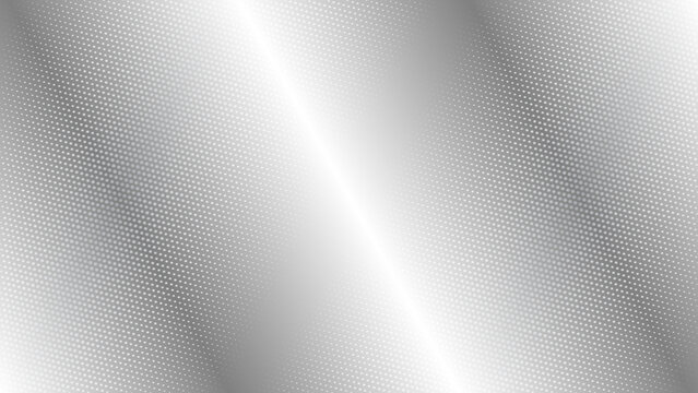 Silver metallic vector background with a diagonal chrome glow, smooth gray gradient, and perforated halftone dots. Futuristic industrial surface texture with sleek technological depth.