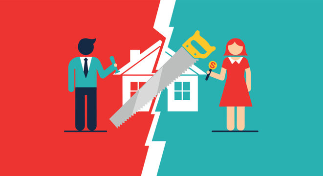Conceptual illustration of a divorce or property division showing a man and a woman using a large saw to split a white house in half.