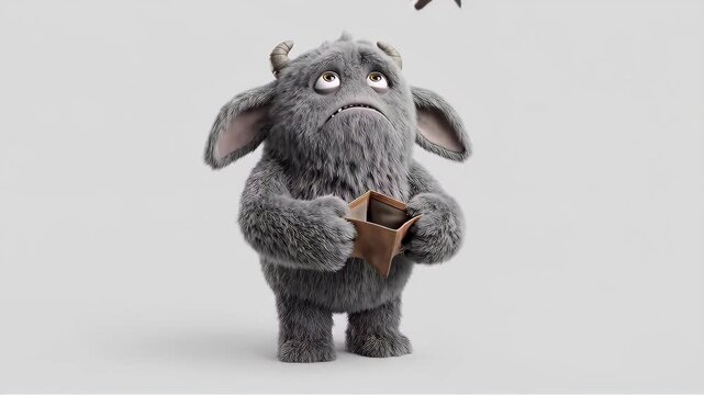 Sad fluffy monster holding an empty wallet looks at a flying insect. Financial problem and poverty concept for a funny animated creature with horns and gray fur.