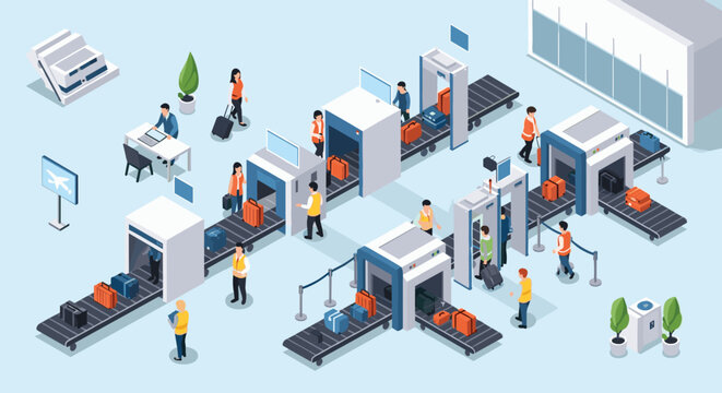Detailed isometric illustration of a busy airport security checkpoint with passengers, luggage scanners, and metal detectors.