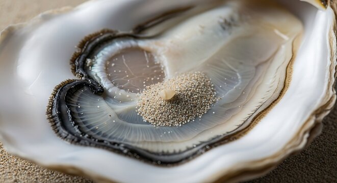 Raw oyster shell containing a small pearl sitting on fine ocean sand