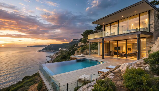Conceptual Luxury Coastal Villa with Infinity Pool at Sunset