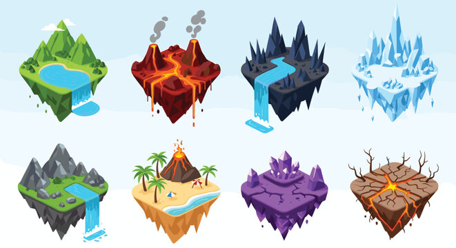 Set of various isometric floating islands with different biomes including a tropical beach, volcano, ice, and magic crystals.