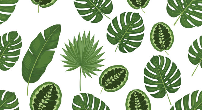 Vibrant seamless pattern with various tropical green leaves including monstera and palm on a white background.