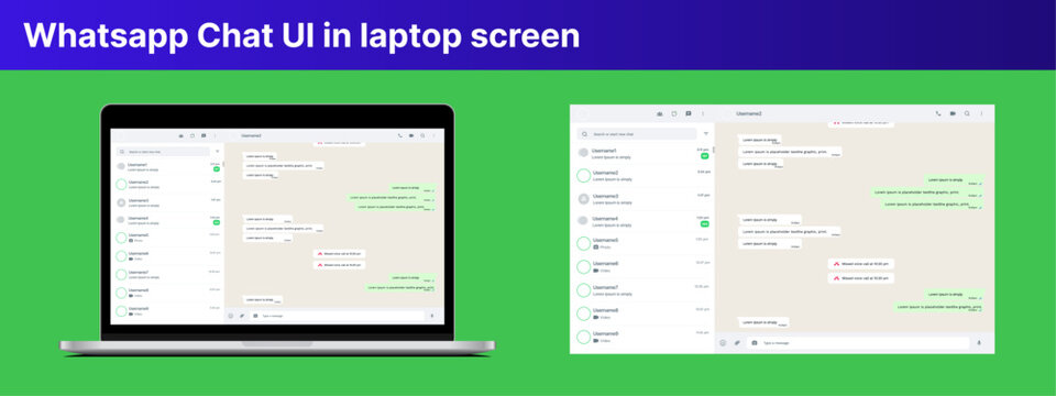 Whatsapp UI in laptop screen. Whatsapp user interface post template. Whatsapp mockup social media template.
