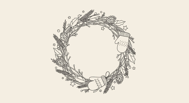 Hand drawn winter wreath made of branches and pine cones with cozy mittens and stars for holiday greeting cards and seasonal decorations.