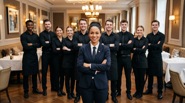 Diverse restaurant staff standing in upscale dining restaurant with confident female manager waiters bartenders hosts, luxury hospitality environment, professional service team portrait, fine dining