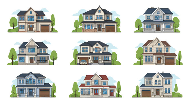 Collection of modern suburban family houses with different architectural designs and garages for real estate and neighborhood planning.