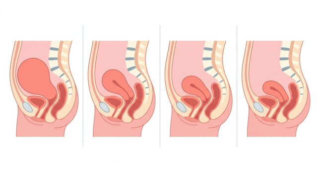 Illustrations depict the stages of involution in the female reproductive system post-childbirth, focusing on key anatomical changes.