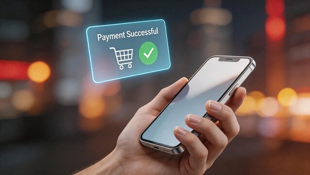 Successful mobile payment transaction on smartphone screen, digital wallet app, secure online shopping checkout, e-commerce purchase confirmation, contactless banking transfer,