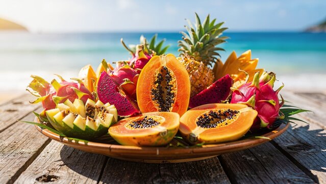 Fresh tropical fruits platter with papaya, dragon fruit, and pineapple on a beach. Perfect for healthy summer vacation and exotic paradise food concept