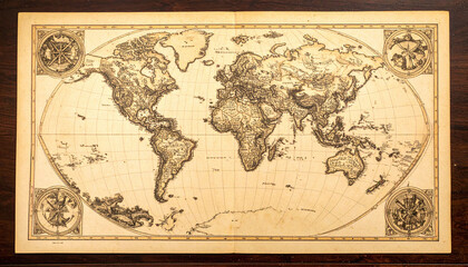 Fototapeta premium Antique world map on aged parchment over dark wood. This retro cartography piece symbolizes global exploration and history, ideal for travel, adventure, and educational storytelling.