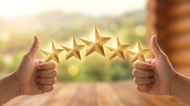 two hands showing thumbs up with five glowing golgen stars, concept for excellent rating, customer feedback and success