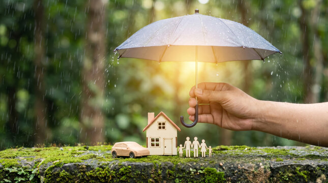 hand holding umbrella protecting small model house, car and family figures in the rain, insurance and security concept