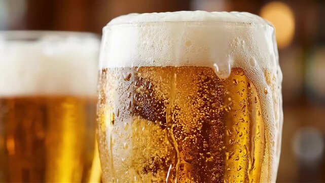 Cold glass of golden beer with thick foam crown flowing down. Refreshing alcoholic lager drink in pub setting. Beverage catering and celebration party concept.