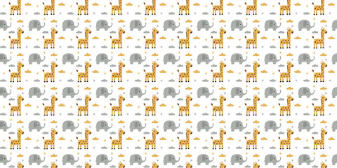 Cute safari animals seamless pattern with giraffes and elephants for nursery © rymarenko