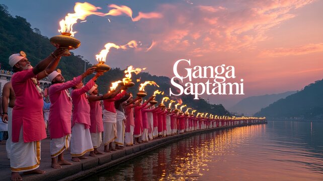 Majestic devotional Ganga Saptami poster showcasing priests performing sacred river worship.