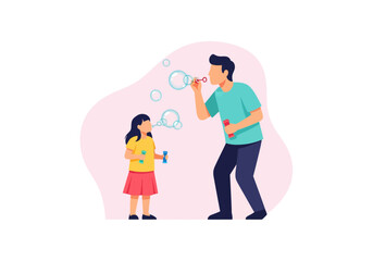 Fototapeta premium Child Blowing Bubbles with Adult Parent Fun Outdoor Activity