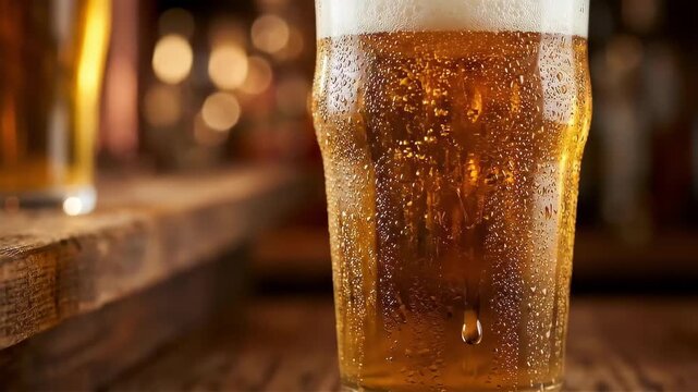 Cold glass of golden beer with rising bubbles and foam on wooden surface. Macro view of refreshing alcoholic drink in pub. Concept of beverage and celebration.