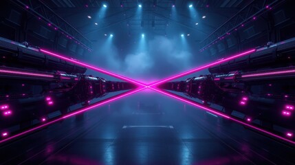 Fototapeta premium Futuristic corridor. Neon lights create vibrant cross pattern. Dark metallic walls, smoke adds mystery. Dramatic perspective, intense glow.