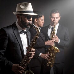 Fototapeta premium Three musicians in suits playing saxophones in dramatic lighting