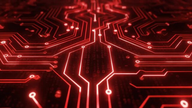Red digital circuit board pattern with glowing pathways, symbolizing technology, data processing, electronic infrastructure, and futuristic computational design.