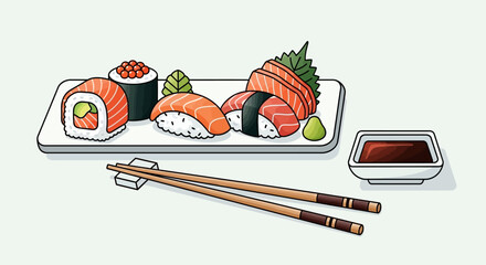 Variety of sushi on plate. © Nabila