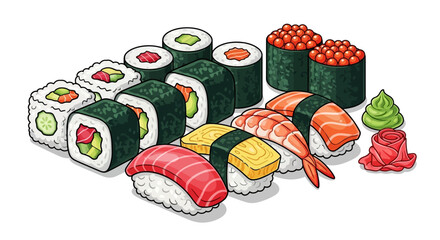 Variety of sushi and sashimi pieces. © Nabila