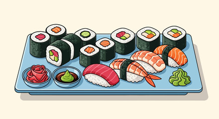 Variety of sushi on plate. © Nabila