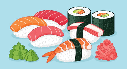 Sushi and Maki Rolls with Wasabi. © Nabila