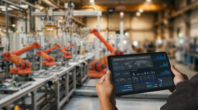 Engineer using tablet dashboard in smart factory with robotic automation system for industrial production monitoring, manufacturing analytics, and operational data management.