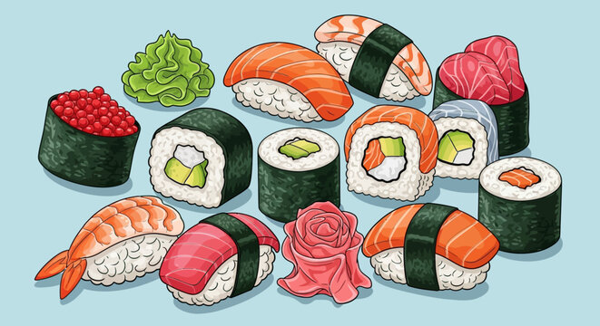 Variety of sushi and maki rolls.