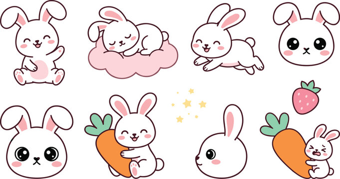 Cute Kawaii Bunny Vector Illustration Collection Featuring Sleeping Rabbits, Cartoon Faces, Carrot Characters, Strawberry Elements, and Adorable Nursery Designs