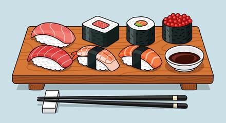 Variety of sushi on wooden board. © Nabila